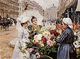 Louis Marie De Schryver Canvas Paintings - The Flower Seller, Avenue de L'Opera, Paris